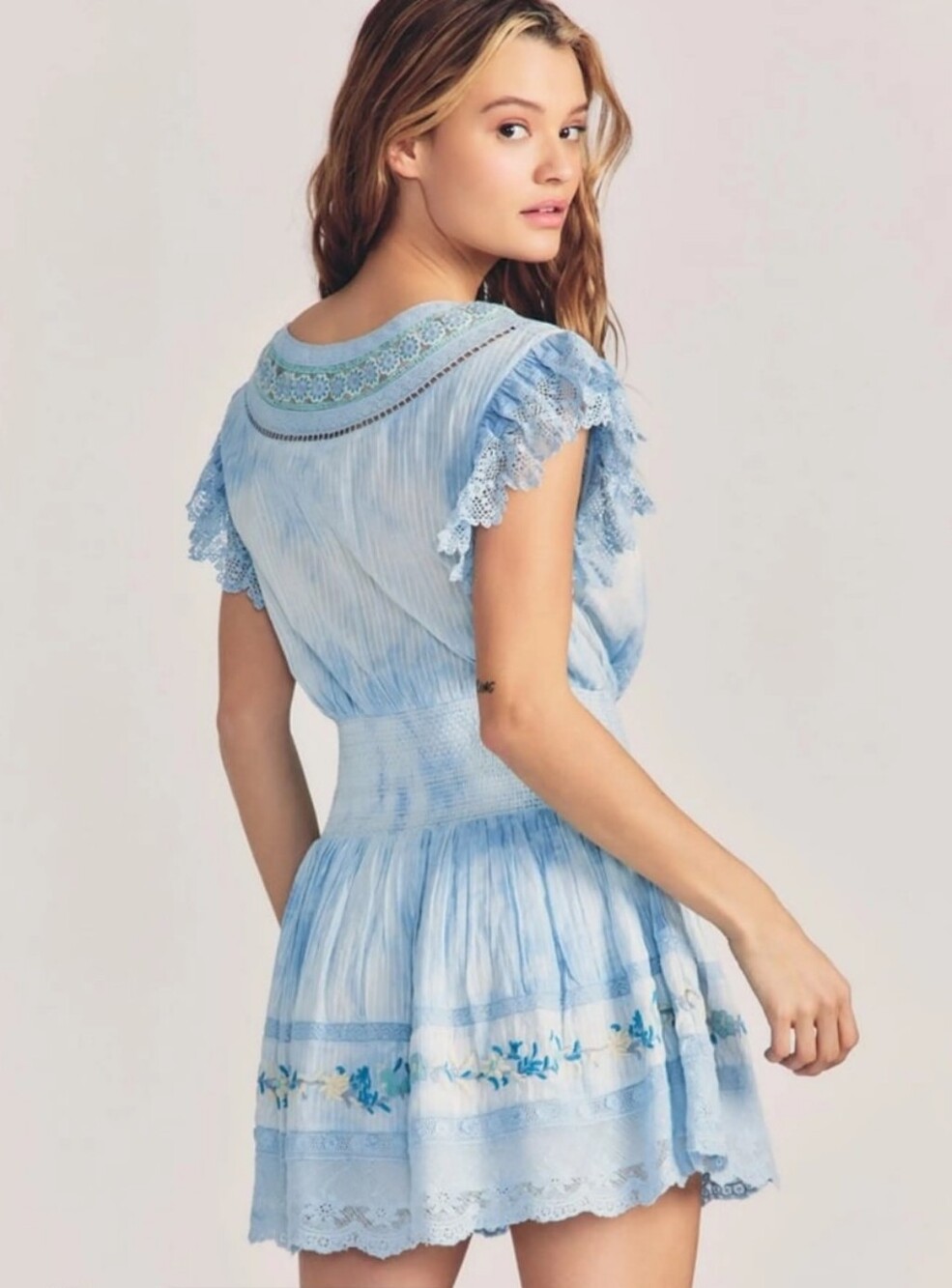 LoveShackFancy Pale Blue Embroidered Mini Dress